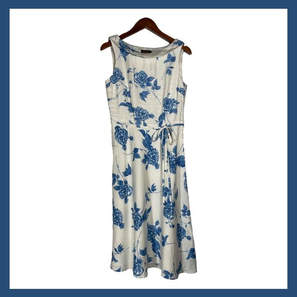 Cynthia Howie Blue & White Floral Linen Dress Fit Flare Retro Boat Neck Preppie - Picture 1 of 15